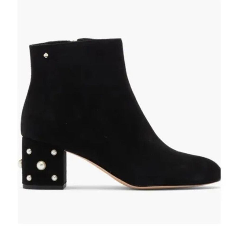 Kate Spade Taraji Black Suede Faux Pearl Block Heel Ankle Booties Size 9